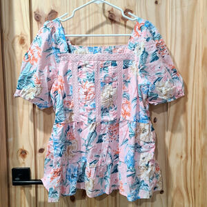 LOFT Garden Lacy Tiered Square Neck Top Romantic Boho Chic Cottagecore Size L